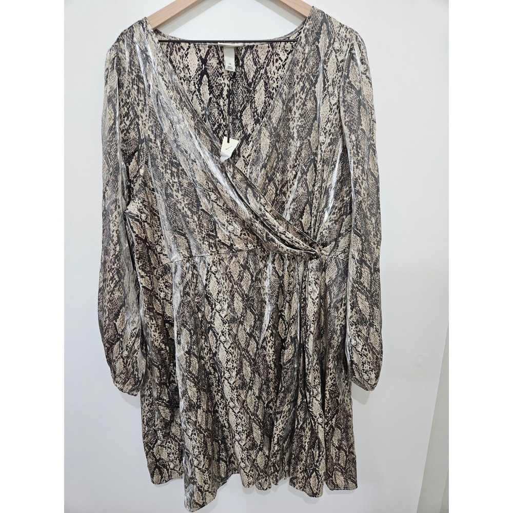 Ava & Viv Womens 2X Snakeskin Print Metallic Foil Wrap Dress Long Sleeve Grey‎